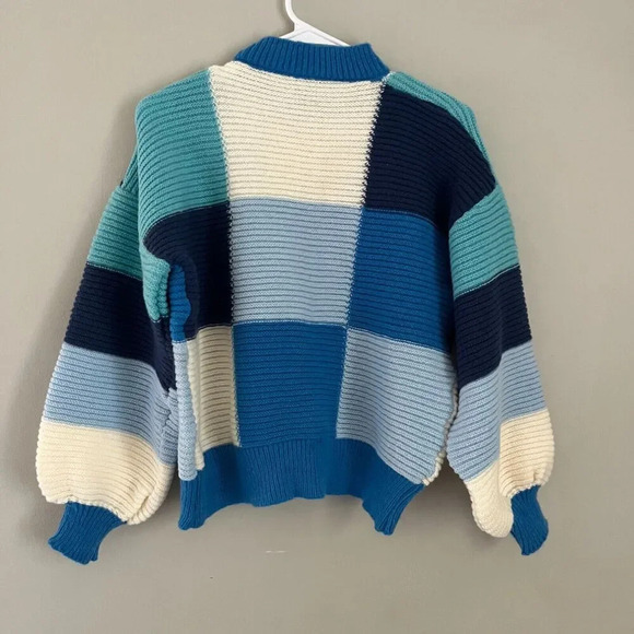 Womens Blue Ivory Knit Sweater Small Balloon Long Sleeve Mock Neck Colorblock - Picture 2 of 7